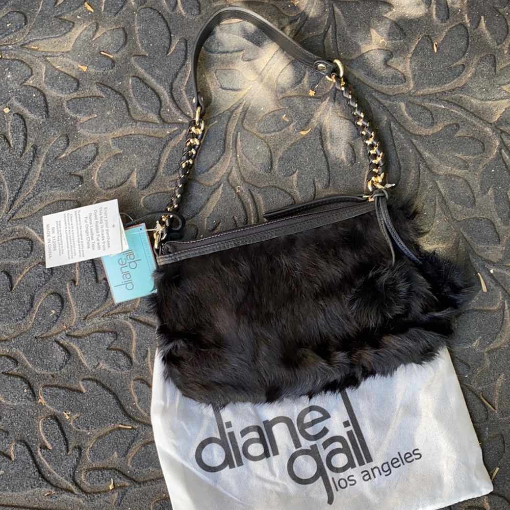 Diane Gail Real Rabbit Fur Black Shoulder Bag Purse NWT Leather Chain Pom Pom